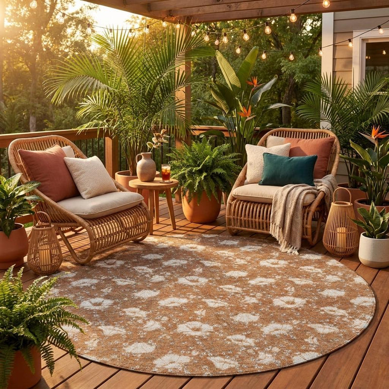 Round indoor outdoor area rug with rust and cream distressed floral pattern