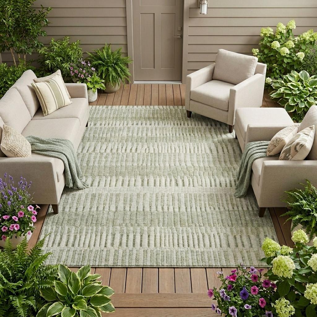 9' X 12' Sage And Green Striped Washable Indoor Outdoor Area Rug - Outdoor