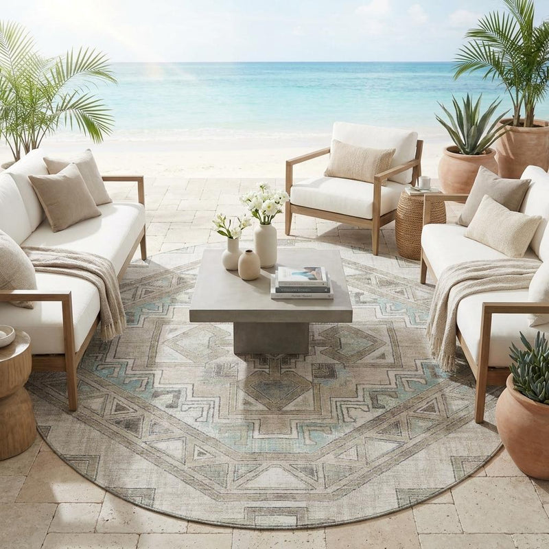 Round outdoor area rug with ivory-and-pewter geometric pattern and light blue accents