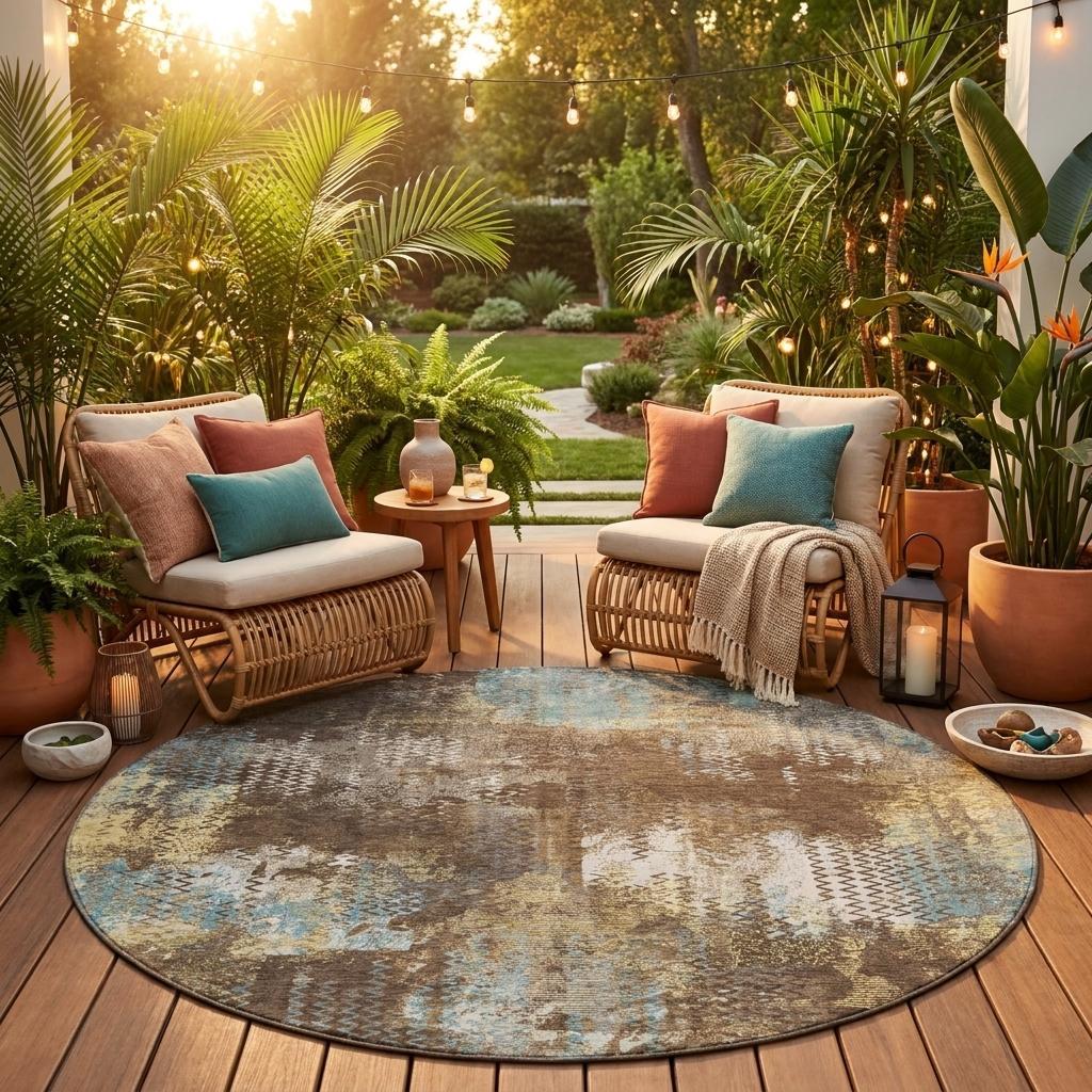 Round abstract area rug with brown and blue blotches and cream highlights