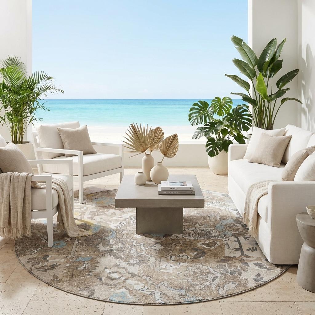 Round floral area rug on floor, ivory and pewter with light blue accents