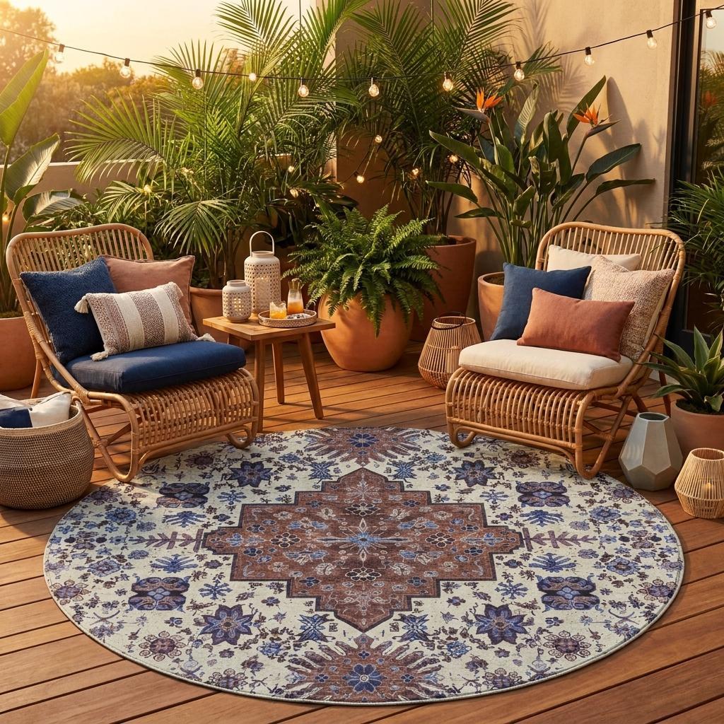 8' Linen And Ivory Round Oriental Washable Indoor Outdoor Area Rug - Sports & Outdoor