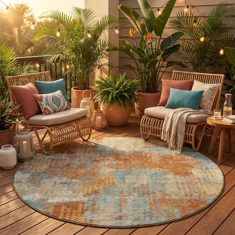 Round abstract area rug in rust orange and light blue with beige chevron pattern.