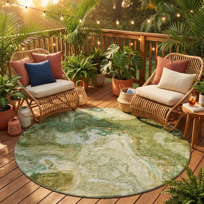 Round green abstract area rug with faded swirl motif in cream, olive, and tan
