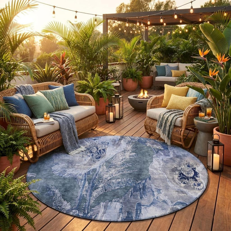 Round area rug in blue and lavender with distressed floral design