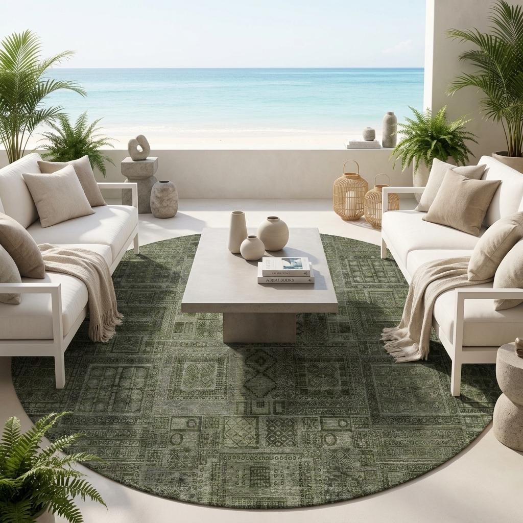 8' Green And Chocolate Round Oriental Washable Indoor Outdoor Area Rug - Sports & Outdoor
