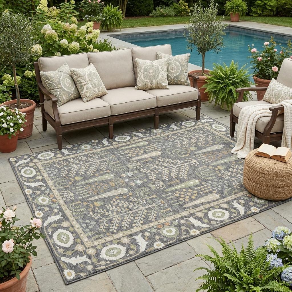 5' X 8' Gray And Graphite Oriental Washable Indoor Outdoor Area Rug - Sports & Outdoor