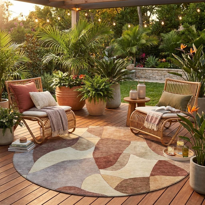 Round abstract indoor outdoor area rug with geometric patchwork in beige, gray, and rust