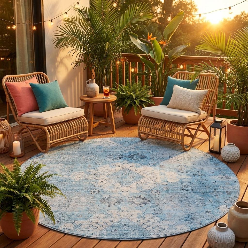 Blue circular area rug on a wooden deck with rattan chairs, cushions in teal and coral, and tropical plants.