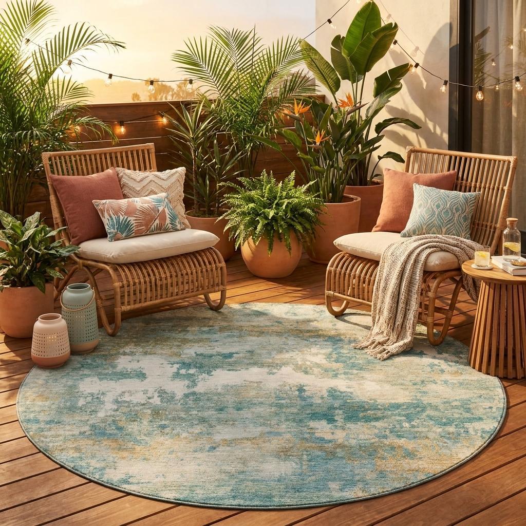 Round teal and gold area rug on a balcony with rattan chairs, potted plants, and cozy cushions. Perfect for outdoor decor.