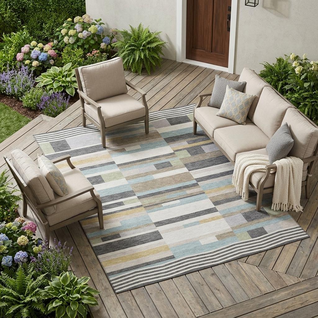 10' X 14' Gray And Silver Striped Washable Indoor Outdoor Area Rug - Outdoor | blocked-out-of-stock, Outdoor, sync-blocked
