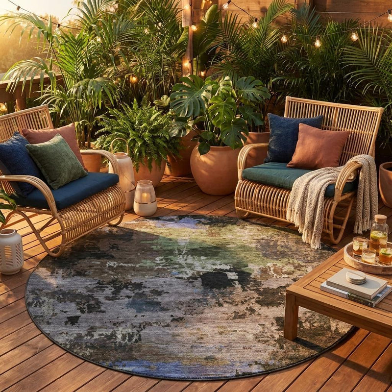 Round abstract area rug with gray base and blue-green distressed splatter pattern.