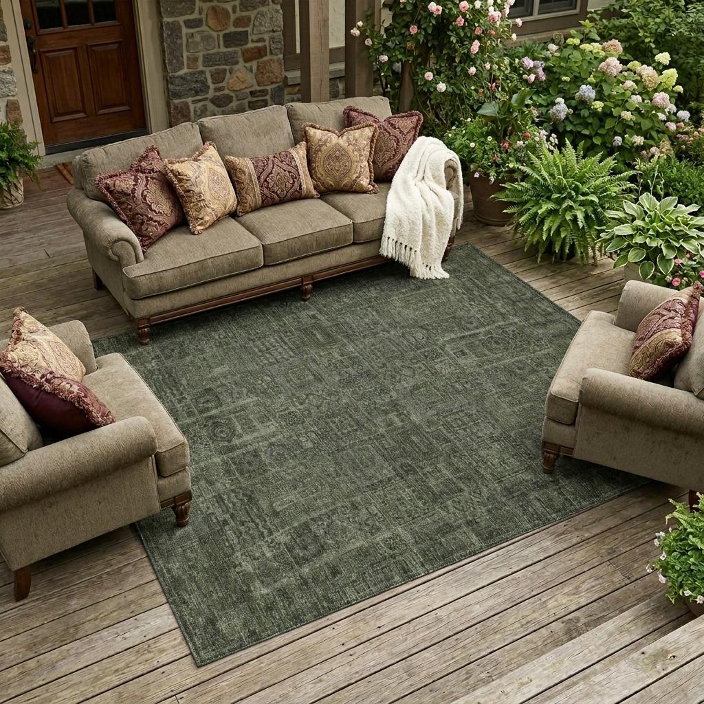 8' X 10' Green And Chocolate Oriental Washable Indoor Outdoor Area Rug - Sports & Outdoor