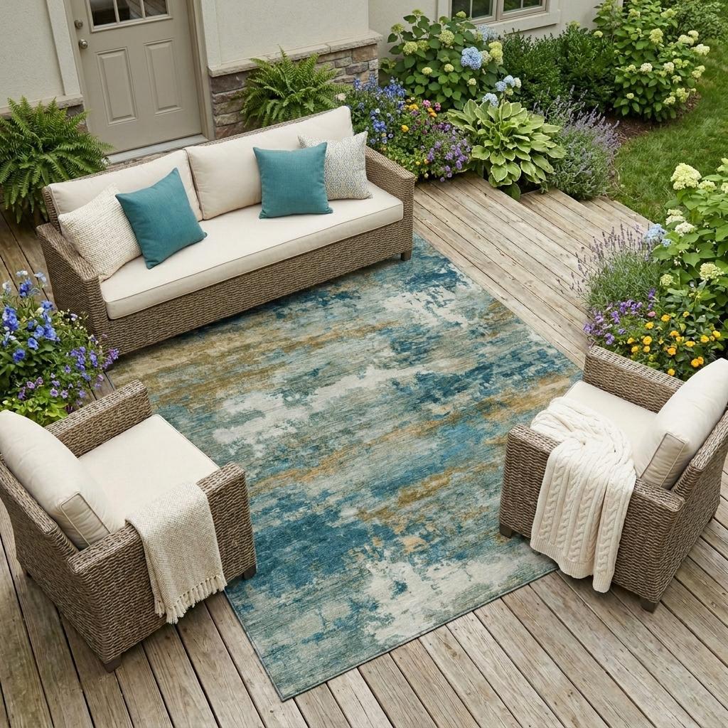 Teal and beige abstract outdoor rug on wooden patio, surrounded by vibrant flowers, with a cozy sofa and chairs.