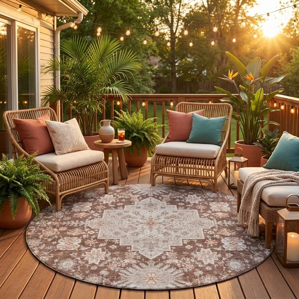 8' Orange And Beige Round Oriental Washable Indoor Outdoor Area Rug - Outdoor | blocked-missing-media,…