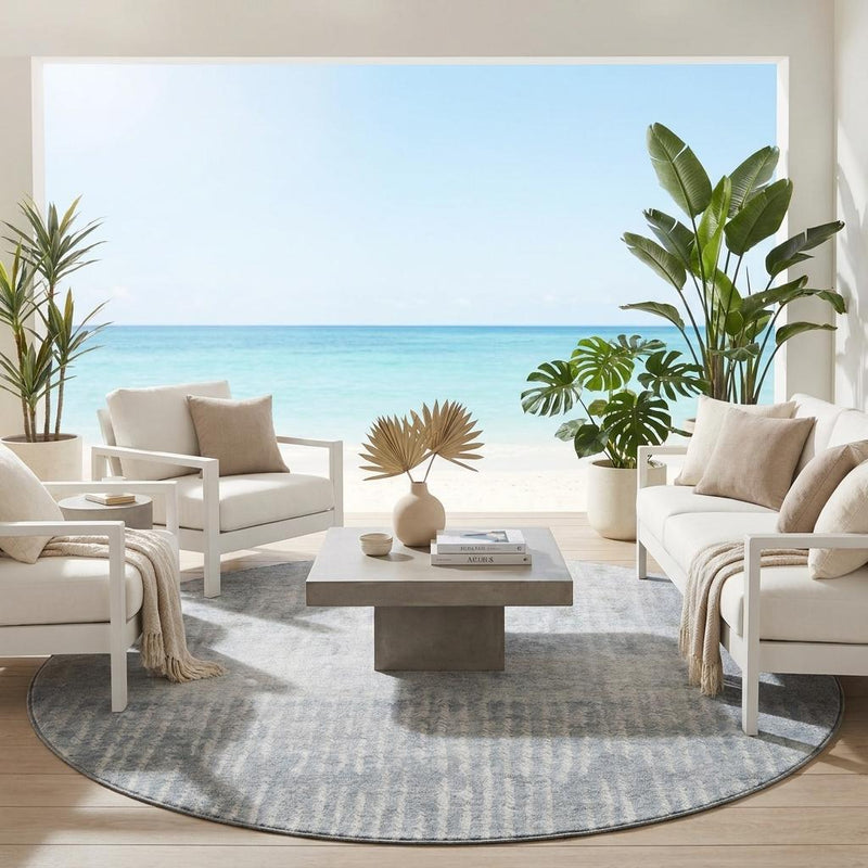 Round abstract area rug, light gray with muted sage-green accents, indoor/outdoor