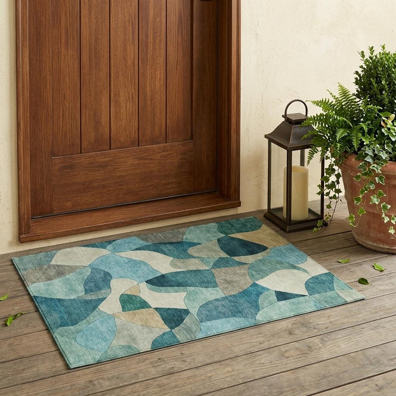 Teal and beige abstract indoor outdoor area rug, rectangular