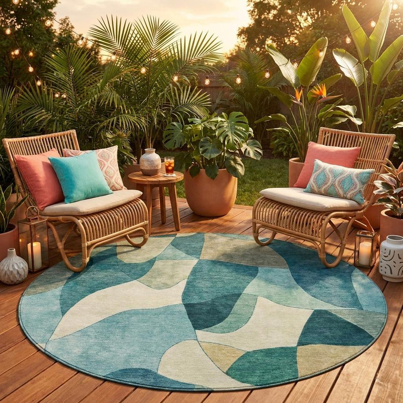 Round abstract area rug with teal and beige geometric shapes