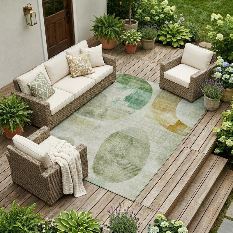 Geometric indoor outdoor area rug with green and ivory pattern