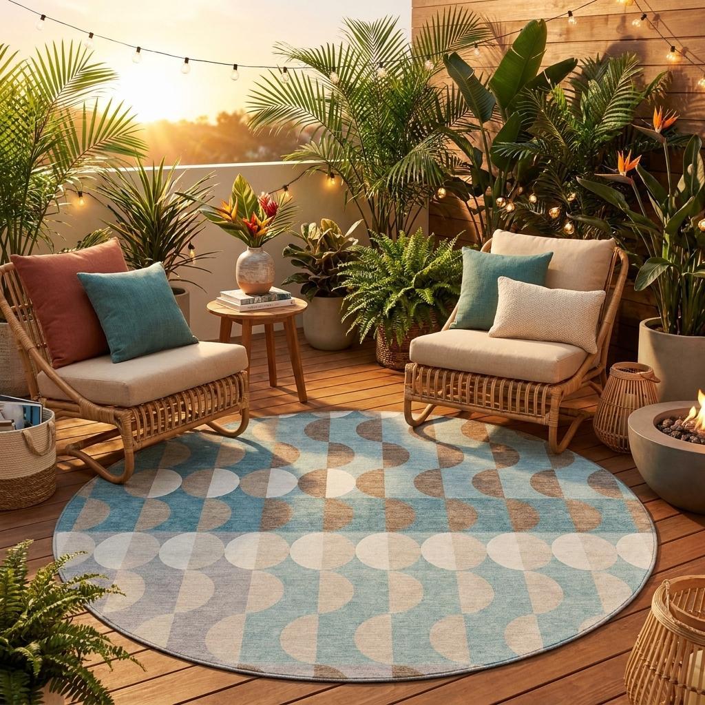 8' Teal Blue And Silver Round Geometric Washable Indoor Outdoor Area Rug - Outdoor | blocked-missing-media,…