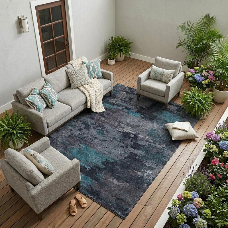 Indoor/outdoor area rug with abstract distressed pattern in dark gray and teal blue accents
