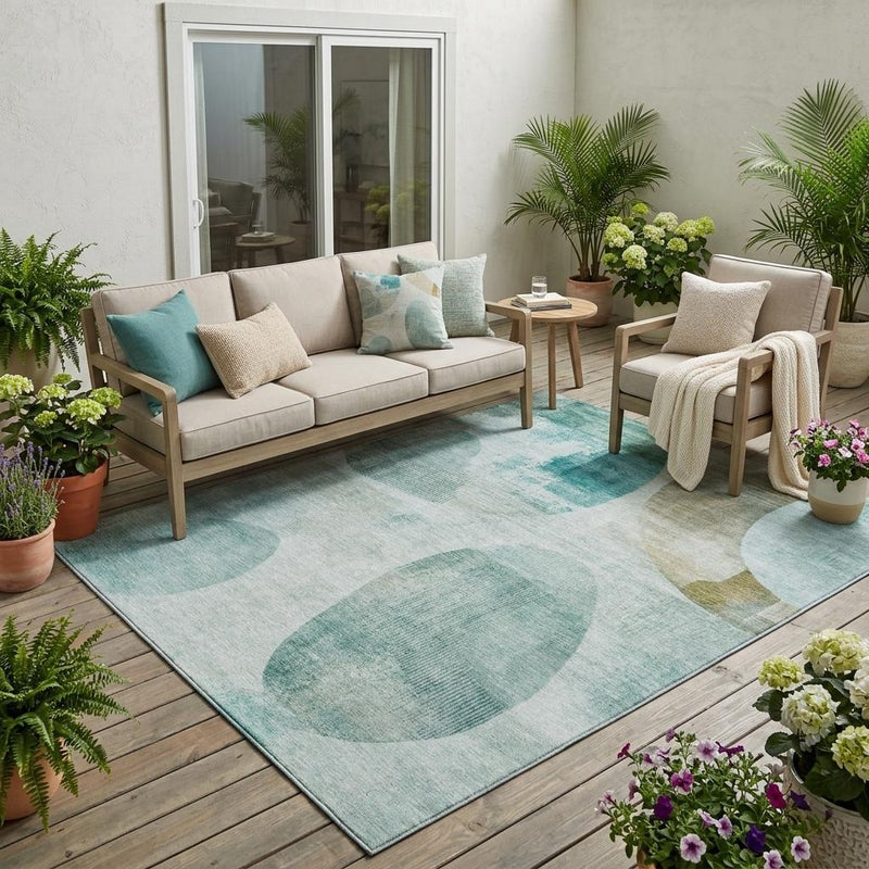 Teal blue indoor outdoor area rug with abstract geometric pattern laid in a room