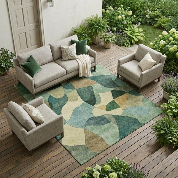 Abstract area rug with green and beige rounded shapes, low pile, indoor/outdoor.