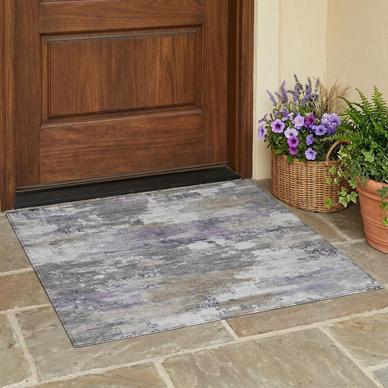 Abstract washable area rug in gray and silver with distressed pattern, indoor/outdoor style