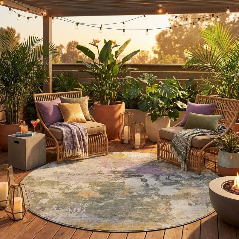 Round abstract indoor/outdoor rug with sage green, beige, and muted purple wash pattern.