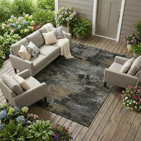 Abstract indoor outdoor area rug with gray pewter and muted olive pattern