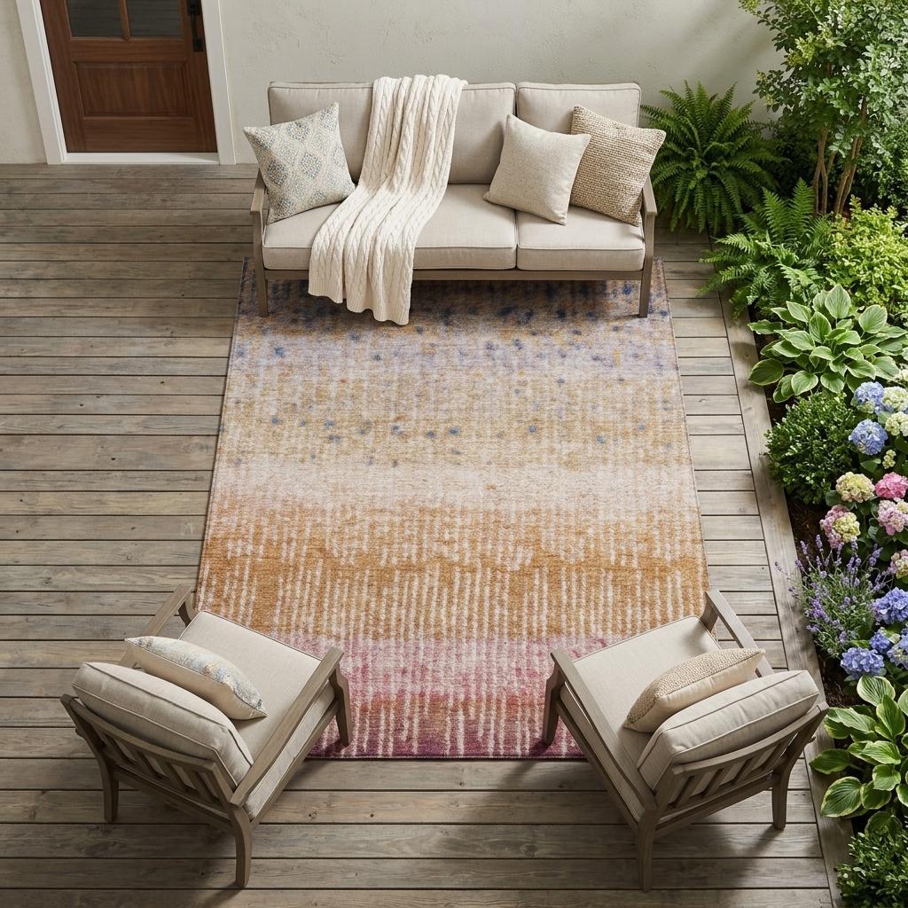 Beige and orange ombre area rug on a wooden patio, surrounded by greenery and cozy outdoor furniture.