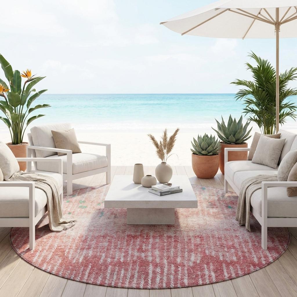 8' Pink And Blush Round Abstract Washable Indoor Outdoor Area Rug - Sports & Outdoor