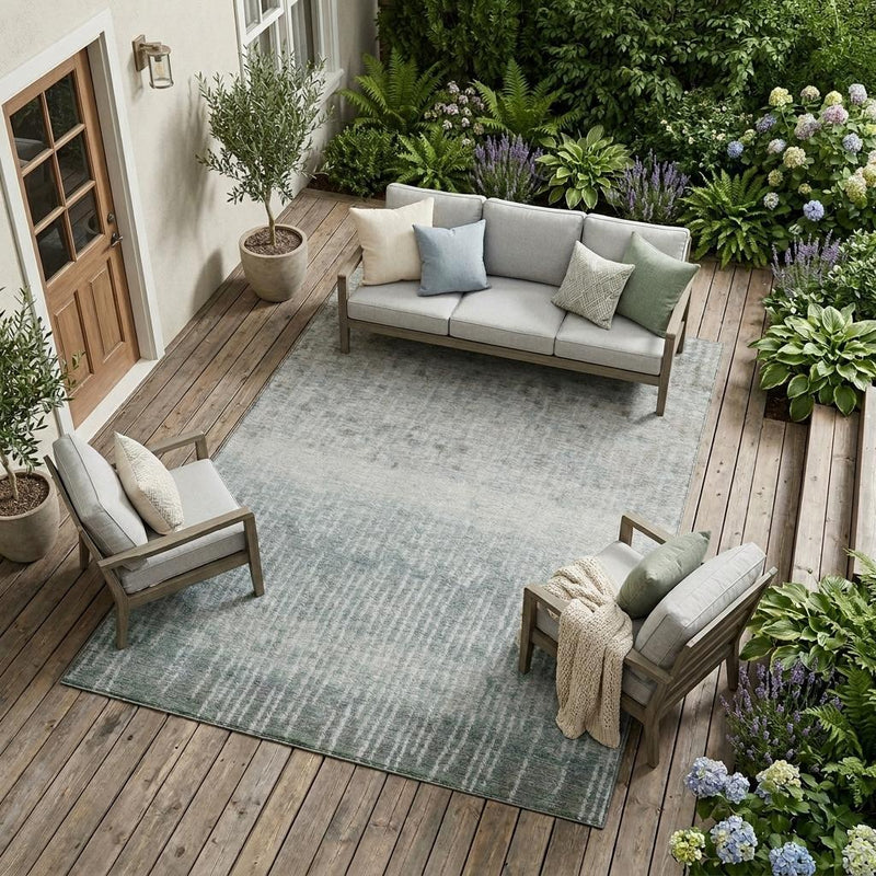 Large sage and green abstract washable area rug with distressed wash pattern