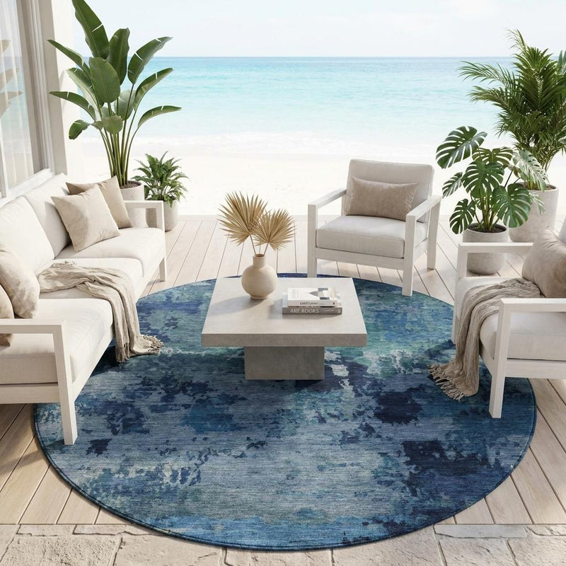 Round blue and navy abstract wash area rug for indoor and outdoor use