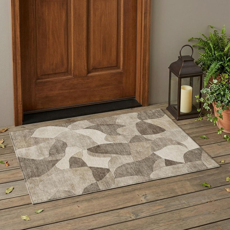Beige and gray abstract washable outdoor indoor area rug with low profile pile