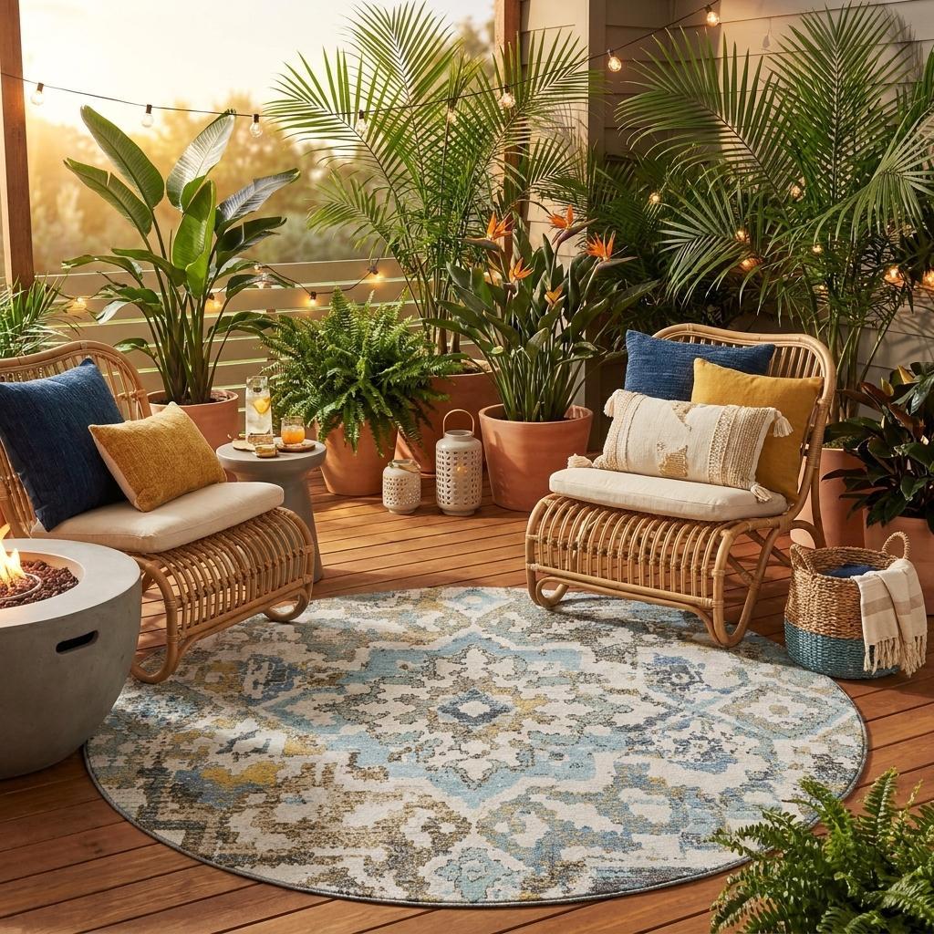 8' Teal Blue And Pewter Round Medallion Washable Indoor Outdoor Area Rug - Sports & Outdoor