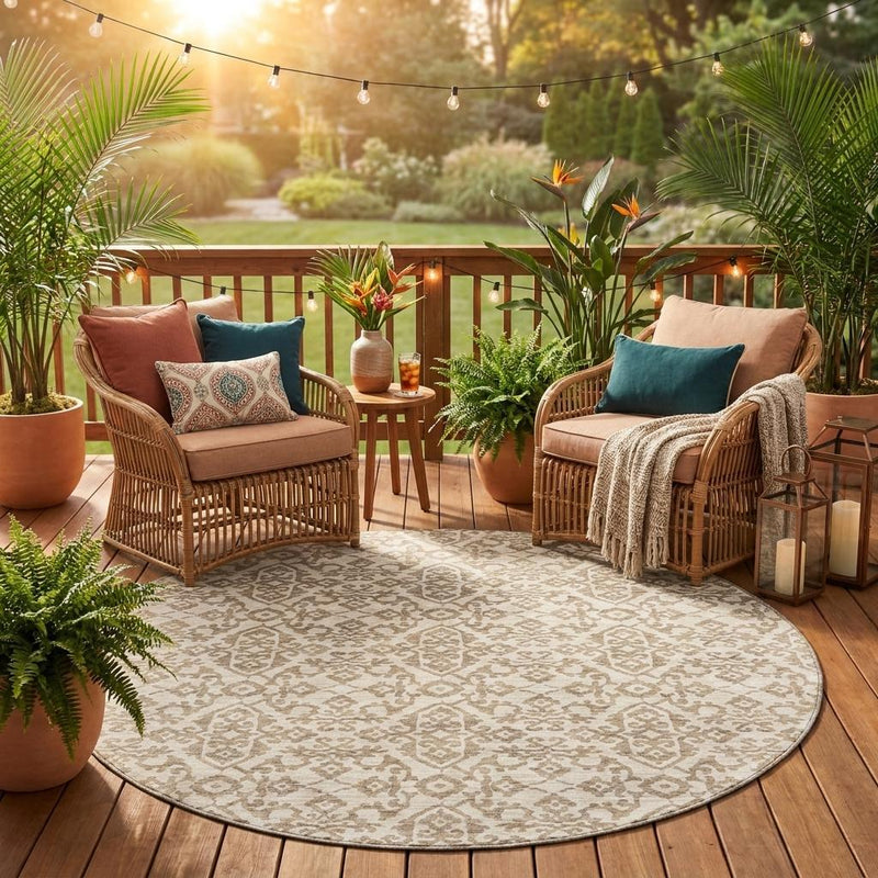 Round washable area rug with ivory-and-beige damask pattern on outdoor deck