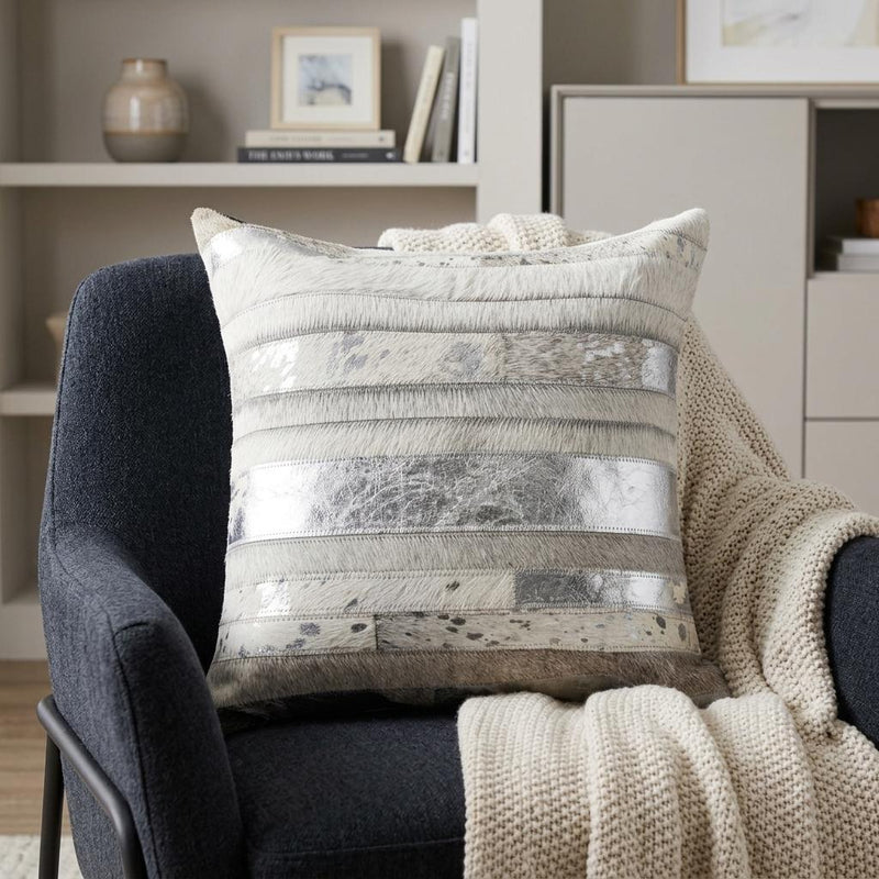 18" Gray and Silver Striped Cowhide Throw Pillow - Home Decor