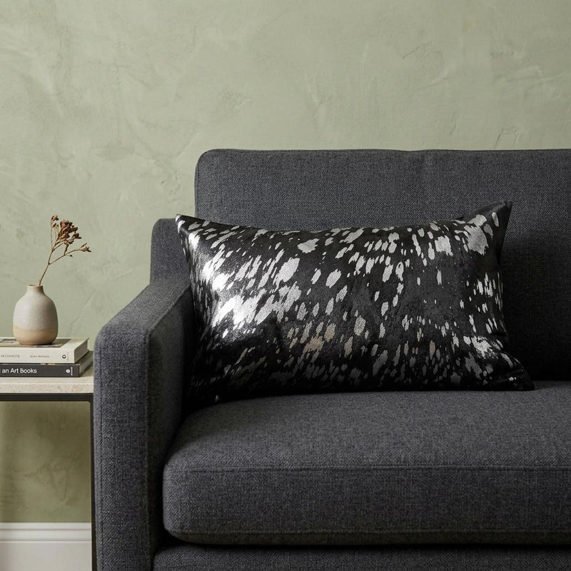 12" X 20" Black and Silver Cowhide Throw Pillow - Home Decor