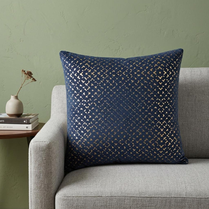 20" Blue and Gold Geometric Cotton Throw Pillow - Home Decor