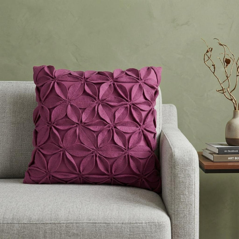 18" Magenta Floral Wool Blend Throw Pillow With Applique - Home Decor