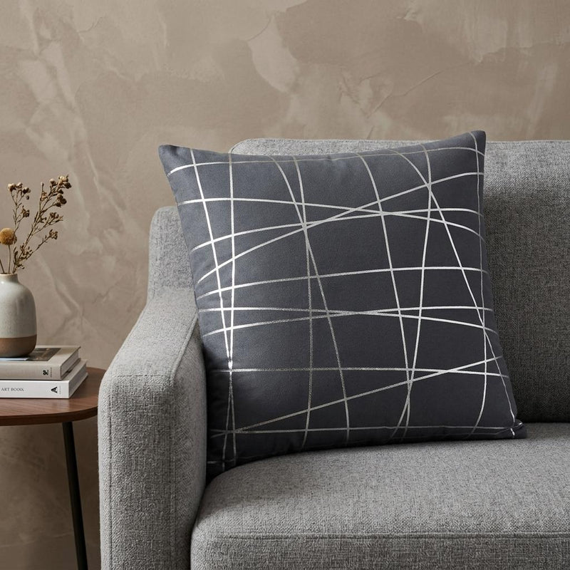20" Gray and Silver Abstract Linework Cotton Throw Pillow - Home Decor