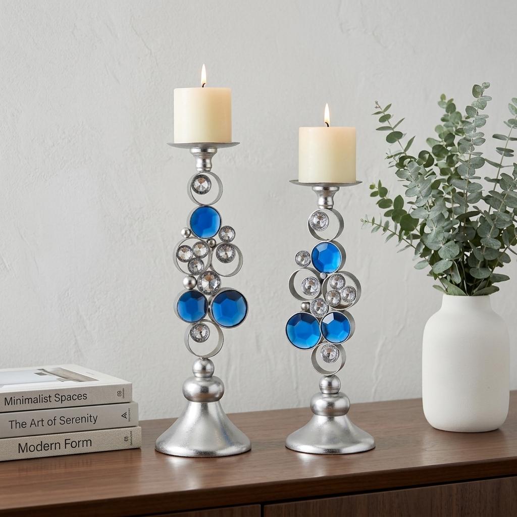 Set Of Two Silver and Blue Bling Tabletop Pillar Candle Holders - Home Decor