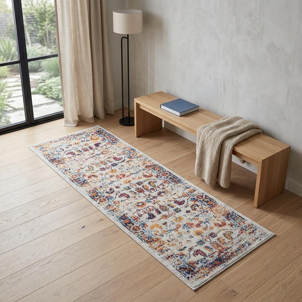 6' Ivory Navy and Orange Floral Power Loom Runner Rug - Home & Garden