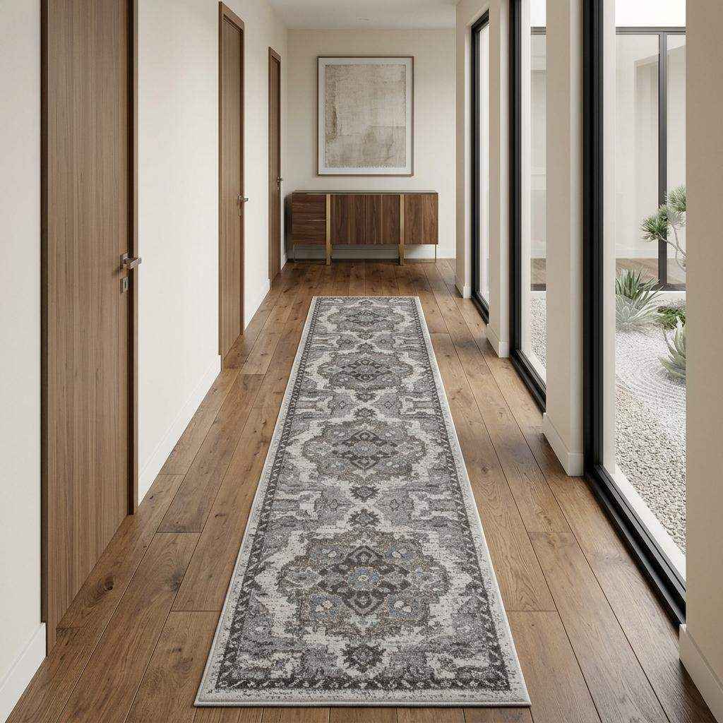 10' Ivory Taupe and Gray Medallion Power Loom Runner Rug - Home & Garden