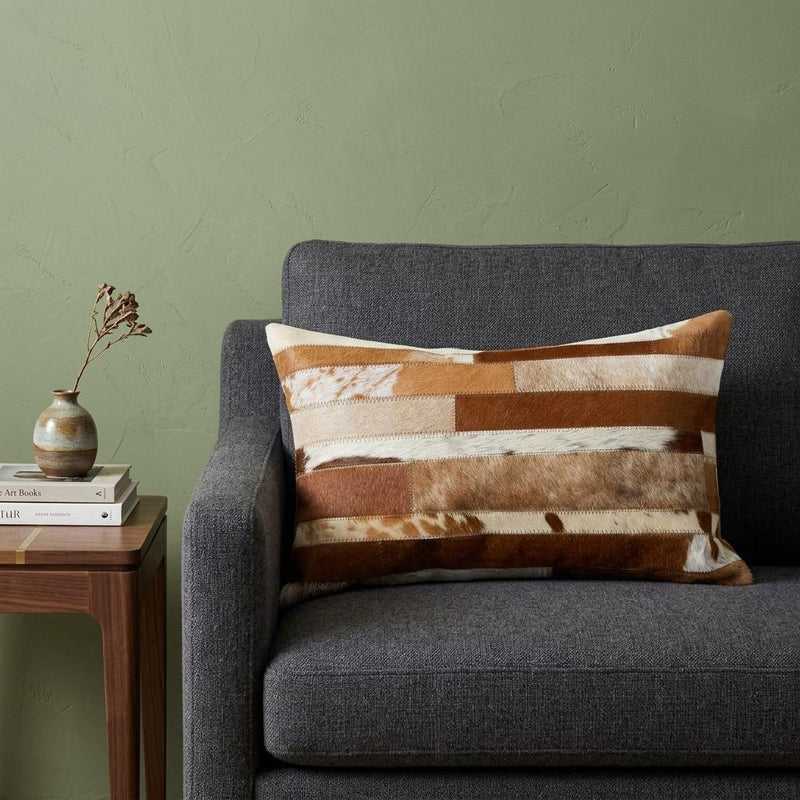 12" X 20" Brown and White Cowhide Throw Pillow - Home Decor