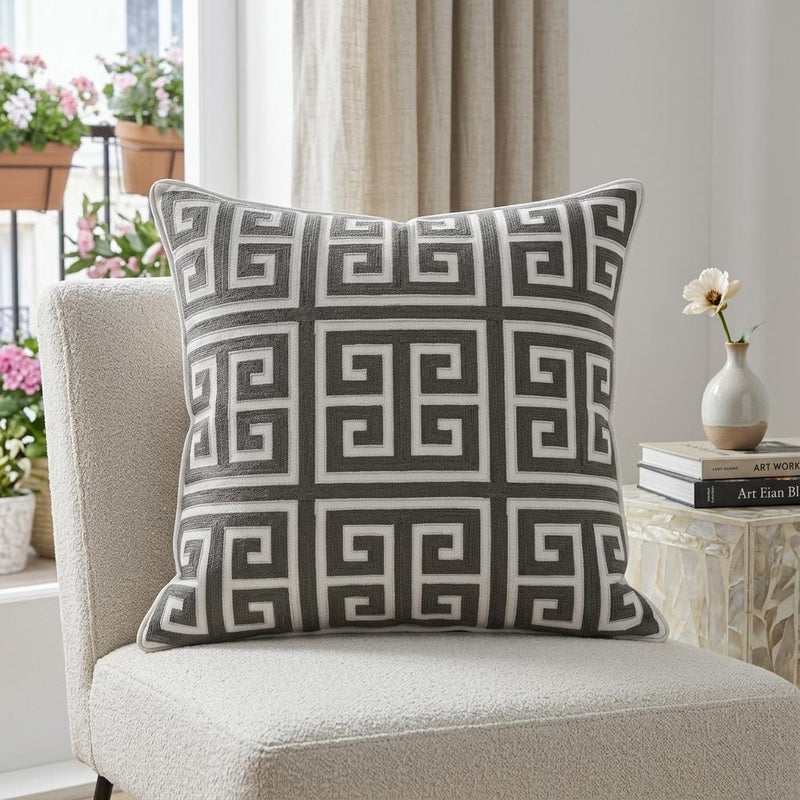 20" Gray and White Greek Key Cotton Throw Pillow - Home Decor
