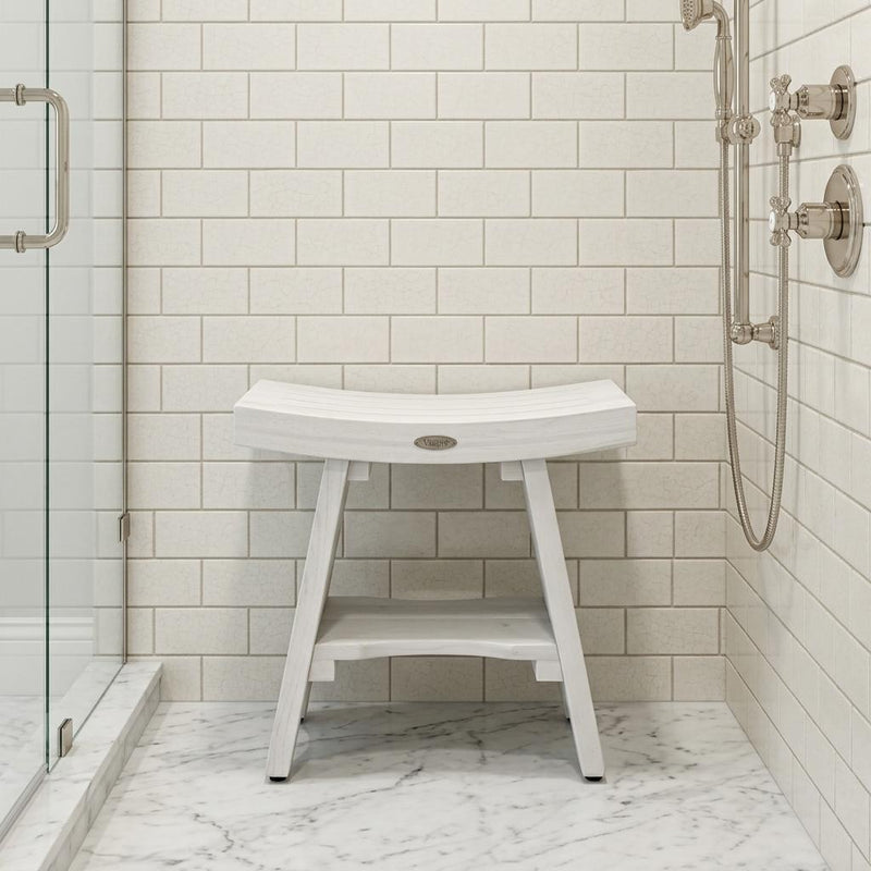 Compact Curvilinear Teak Shower Outdoor Bench With Shelf In Driftwood Finish - Bed & Bath