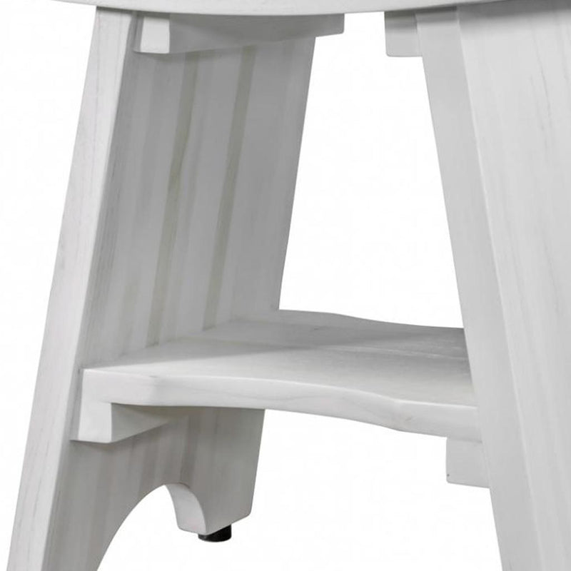 Compact Curvilinear Teak Shower Outdoor Bench With Shelf In Driftwood Finish - Bed & Bath