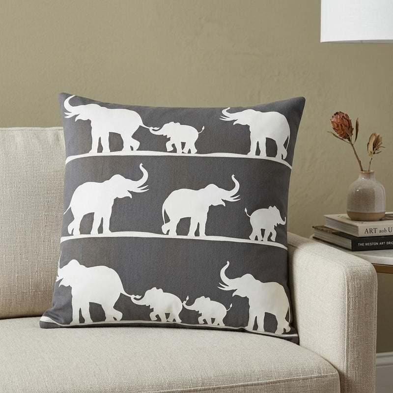 20" Gray and White Elephant Cotton Throw Pillow - Home Decor